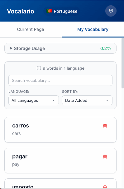 Saved vocabulary collection